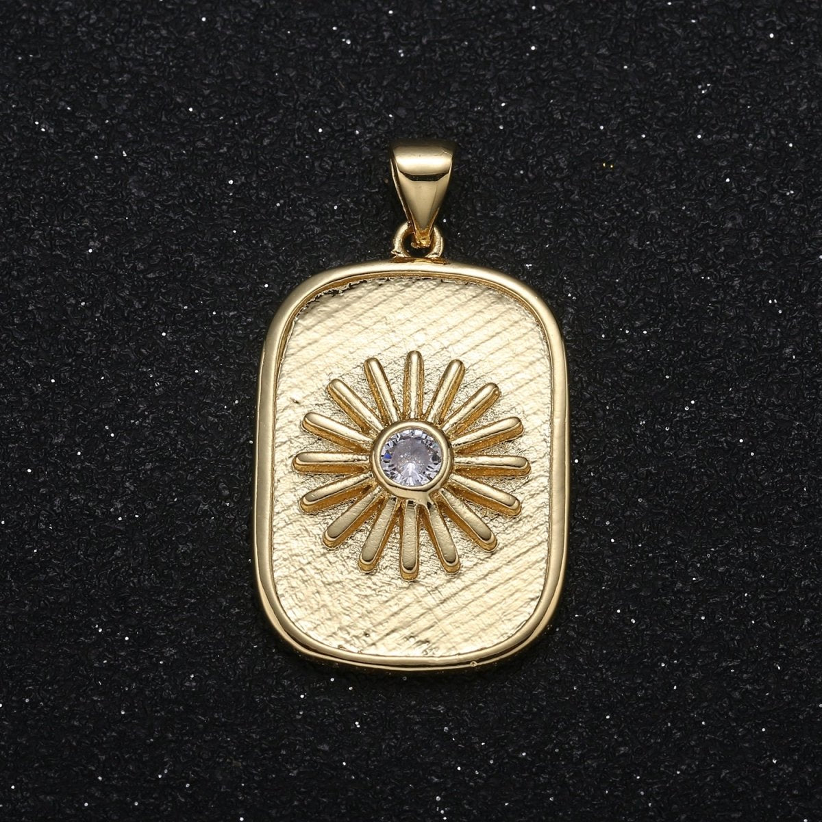 Tiny Gold Daisy Flower Sunshine Square Coin Charm CZ Floral Sunrays Nature Gold Plated Geometric Rectangle Tag Charm Pendant GP-068 - DLUXCA