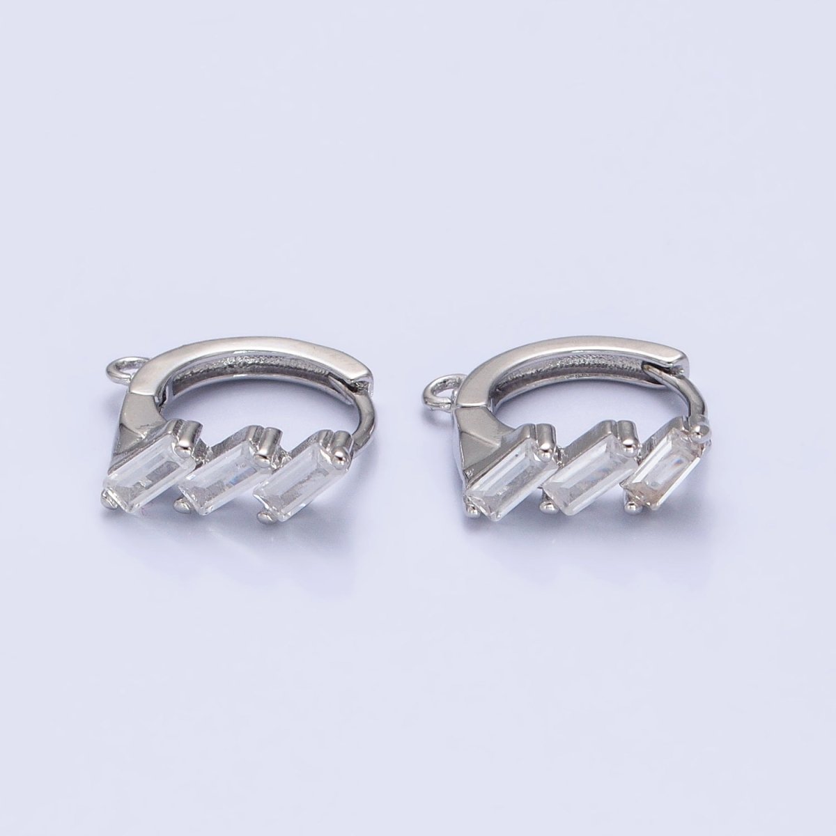 Tiny Silver Huggie Earring with Triple CZ Baguette Open Link Earring for Charm Jewelry Making Component Z169 - DLUXCA
