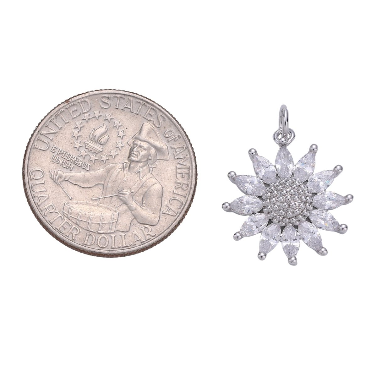 Tiny Silver Sunflower with Crystal Petals Charm CZ Crystal Floral Nature Plant Charm Pendant C-229 - DLUXCA