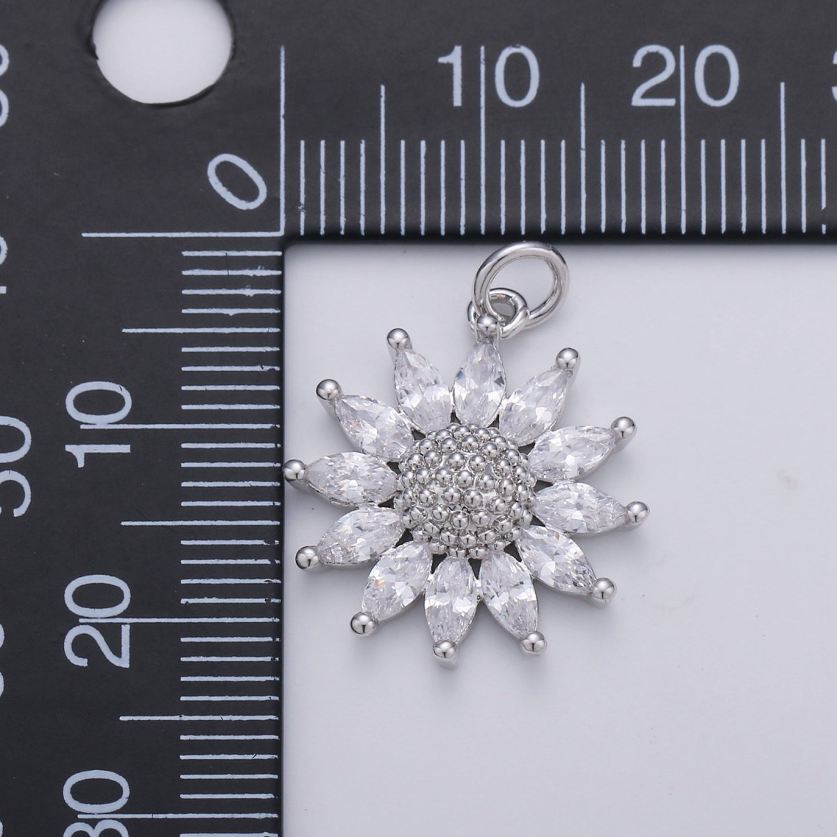 Tiny Silver Sunflower with Crystal Petals Charm CZ Crystal Floral Nature Plant Charm Pendant C-229 - DLUXCA