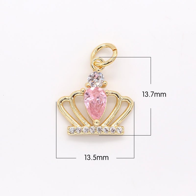 Tiny Single Pink Crystal Diamond Crown Charm CZ King Queen Dainty Crown Jewelry Micro Pave Charm Pendant GP-444 - DLUXCA