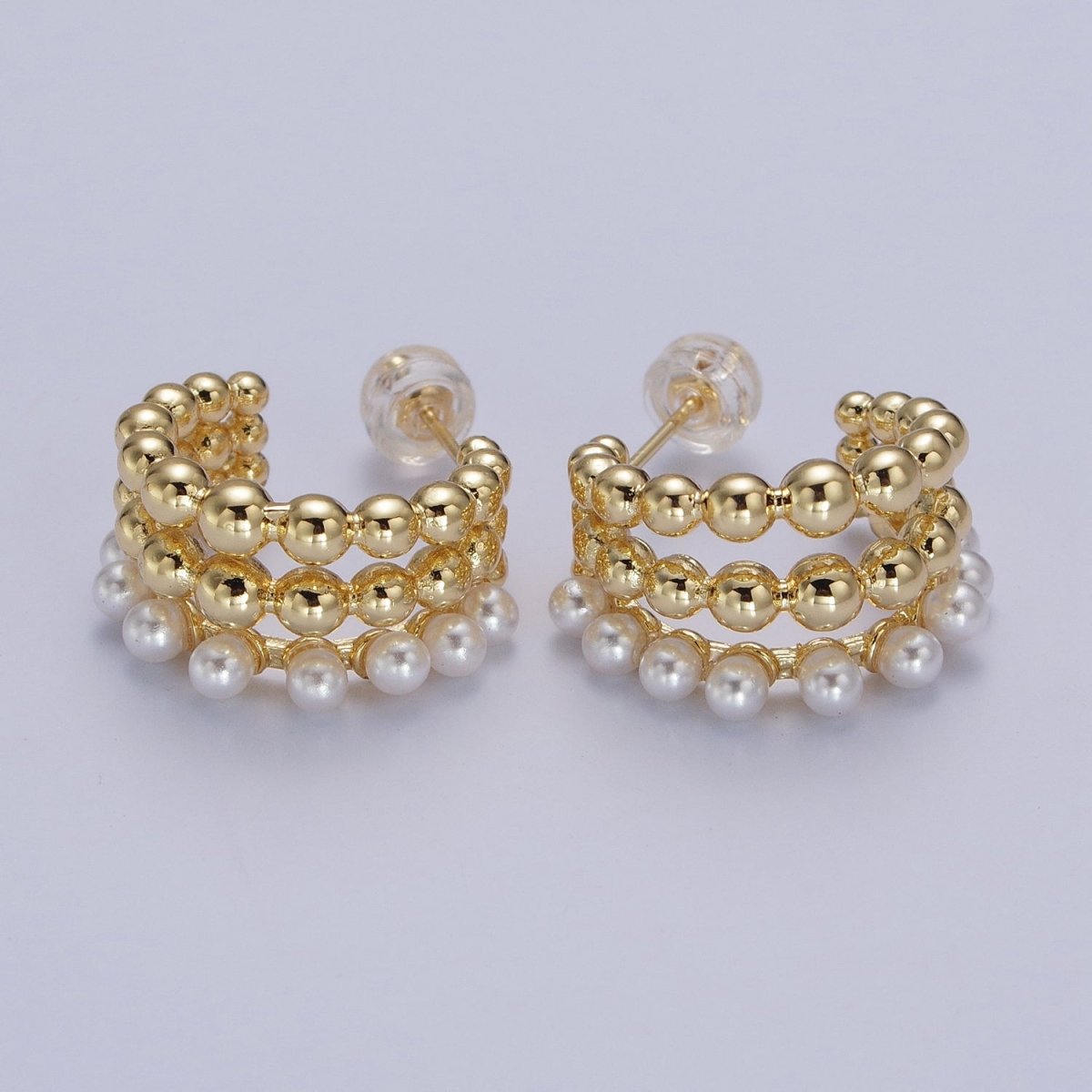 Triple Beaded Bubble Ball Round Pearl C-Shaped Hoop Earrings in Gold & Silver | AB051 AB052 - DLUXCA