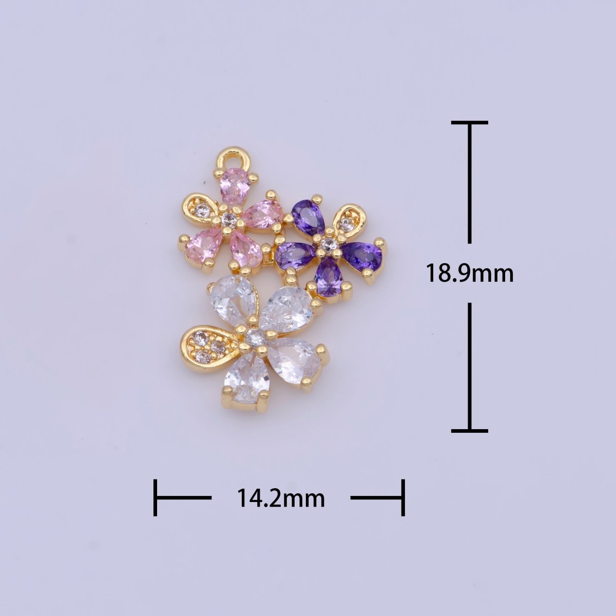 Triple Clear Pink Purple Cubic Zirconia Flowers Nature Charm For DIY Jewelry Making | X-716 - DLUXCA