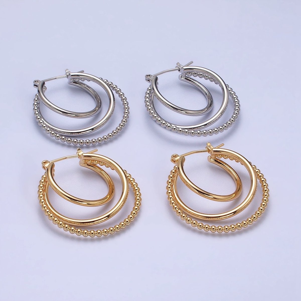 Triple Hoop Earrings, Big Gold Hoops, Statement Earrings Silver Beaded Modern Hoop Earring AD1209 AD1210 - DLUXCA