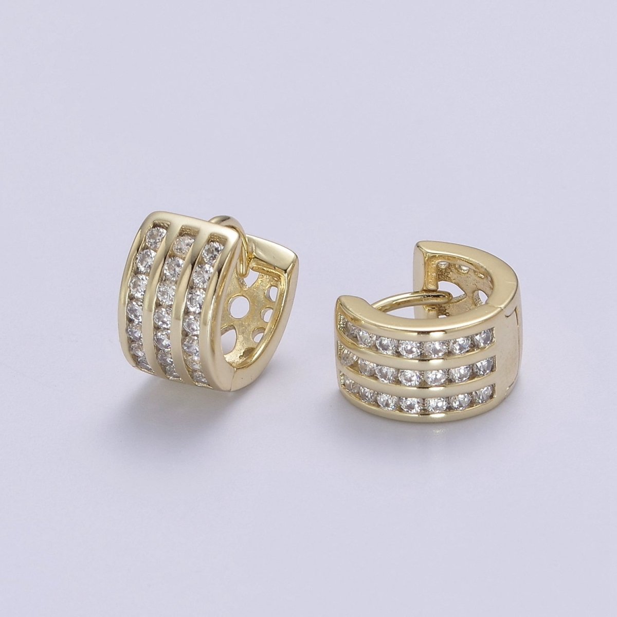 Triple Pave Gold Huggie Earrings, Thick Huggie 3 Lines CZ Diamond Hoop Earrings V-153 - DLUXCA