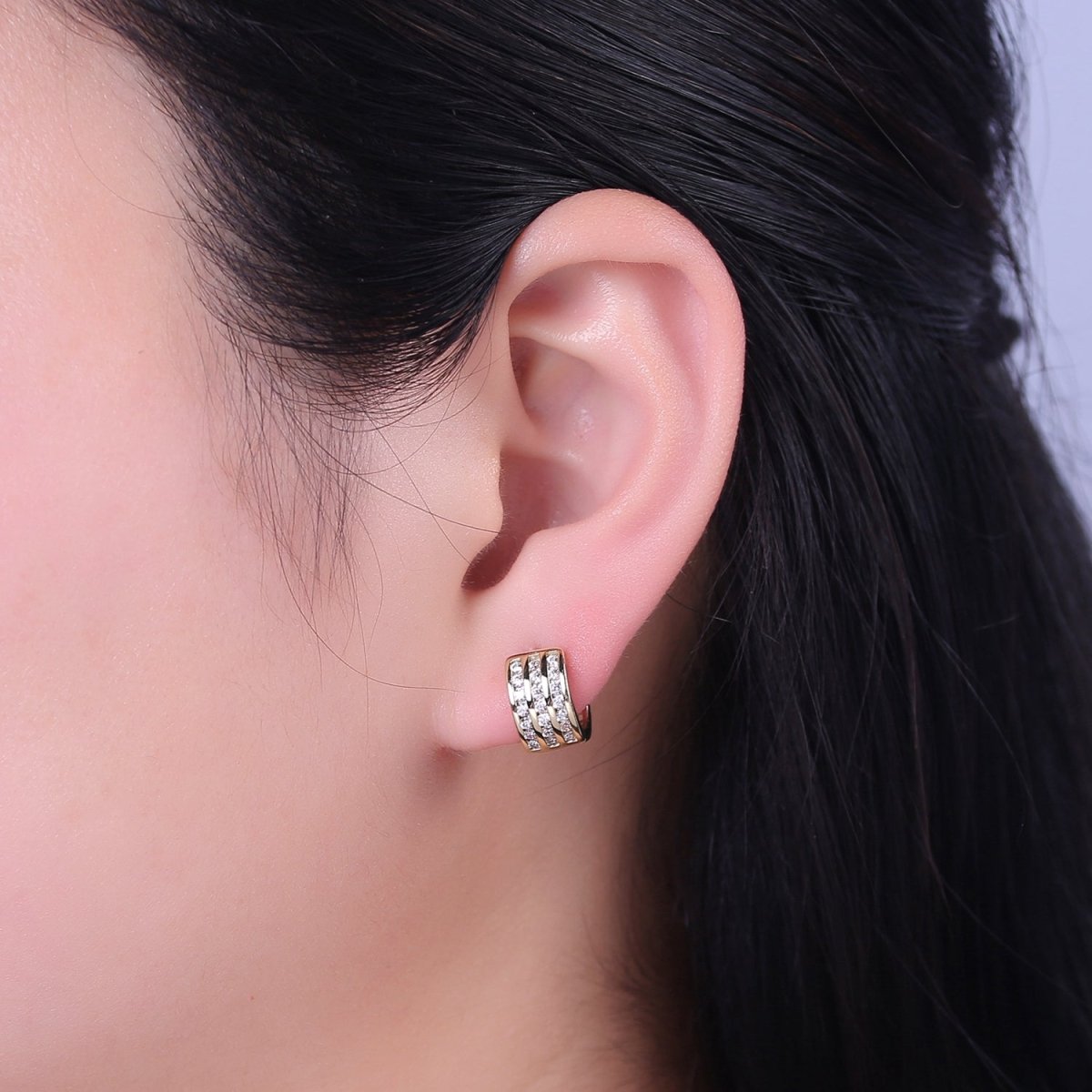 Triple Pave Gold Huggie Earrings, Thick Huggie 3 Lines CZ Diamond Hoop Earrings V-153 - DLUXCA