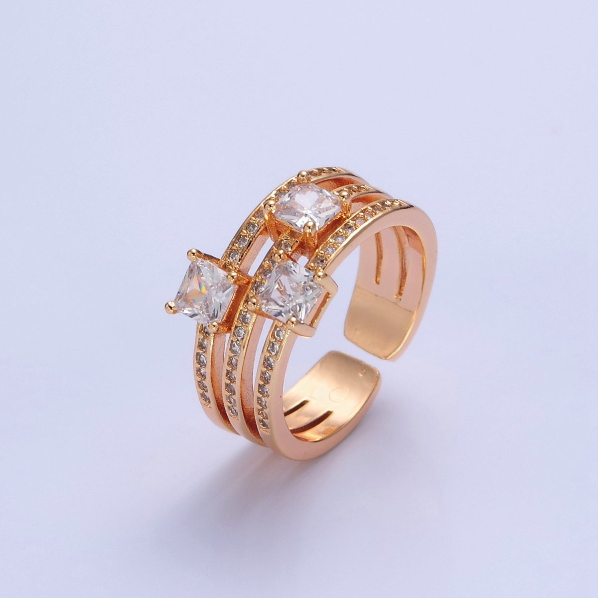 Triple Square cz Stone with Pave Gold Band Ring Open Adjustable O-2234 - DLUXCA