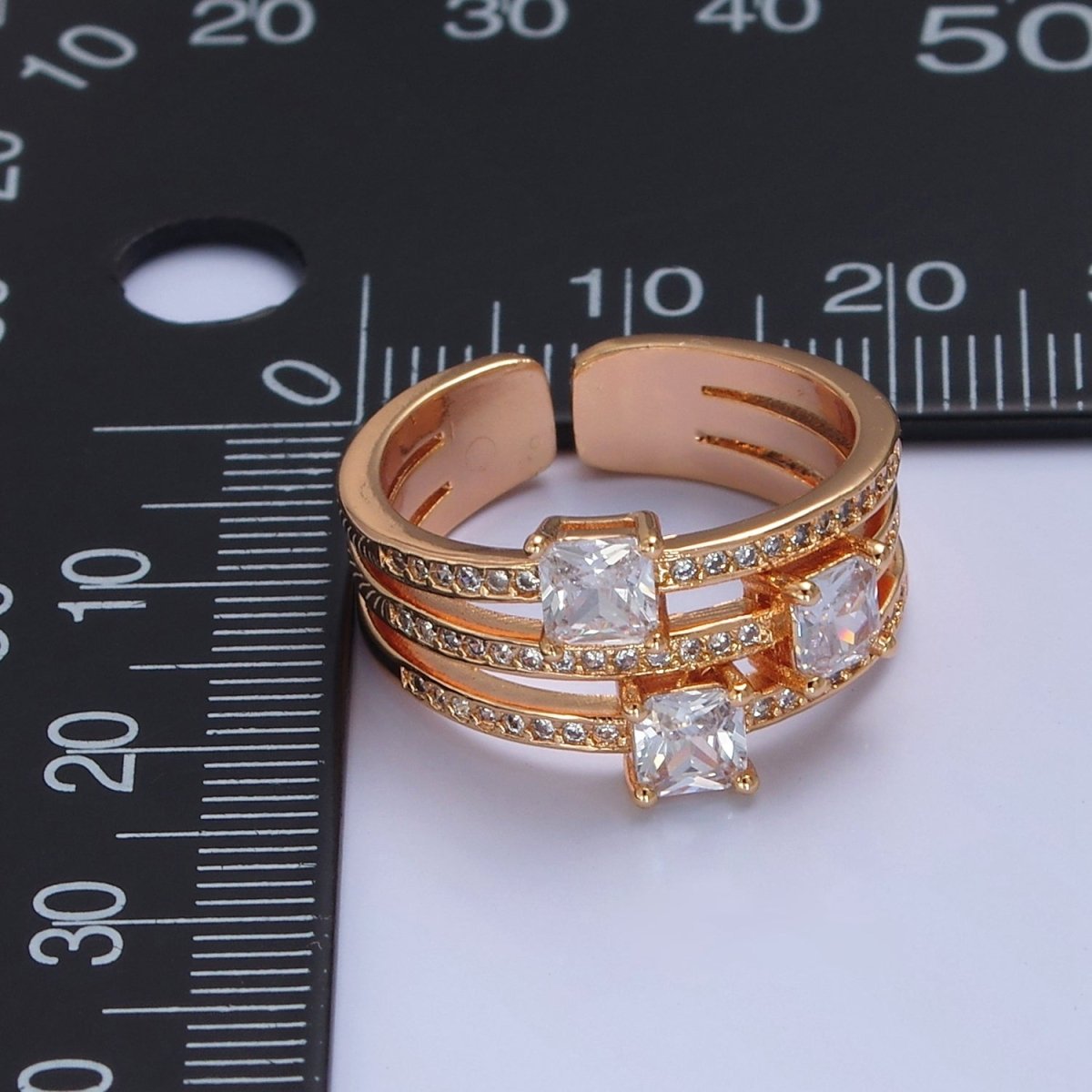 Triple Square cz Stone with Pave Gold Band Ring Open Adjustable O-2234 - DLUXCA