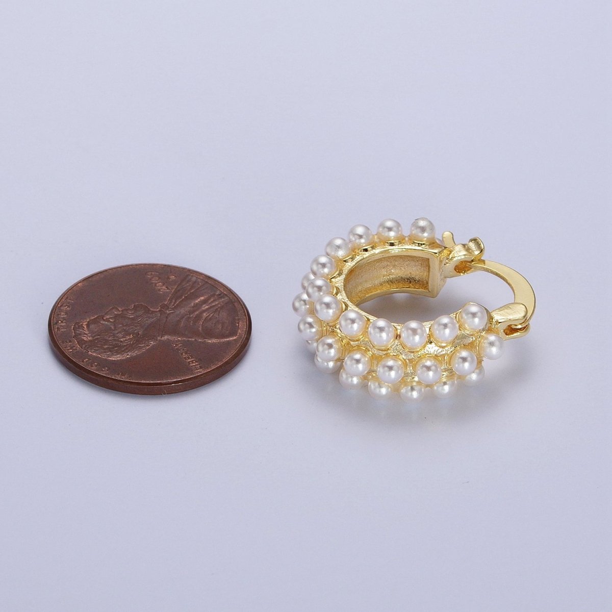 Triple White Round Pearl Lined 21mm Gold Hoop Latch Earrings | T020 - DLUXCA