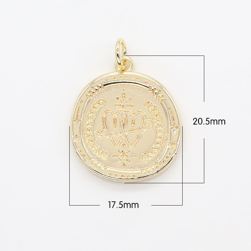 Twin Heart Heart Ornament on Gold Plated Rustic Coin Charm, Golden Loving Heart Medallion Charm Pendant GP-137 - DLUXCA