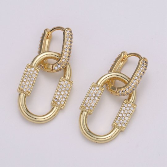 U Shaped Earring Micro Pave Earring 24k Gold filled Cubic Zirconia Gemstone Gold Statement earring Dangle Oval Charm P-051 P-052 - DLUXCA