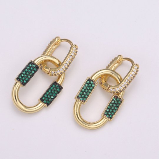 U Shaped Earring Micro Pave Earring 24k Gold filled Cubic Zirconia Gemstone Gold Statement earring Dangle Oval Charm P-051 P-052 - DLUXCA