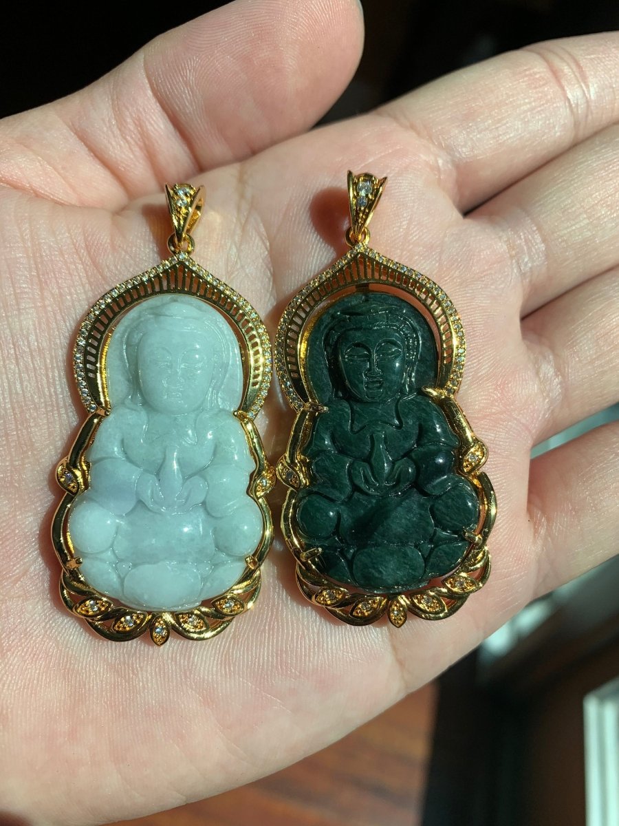Buddha Necklace Guanyin Jade Pendant Vintage 24k Gold Vermeil