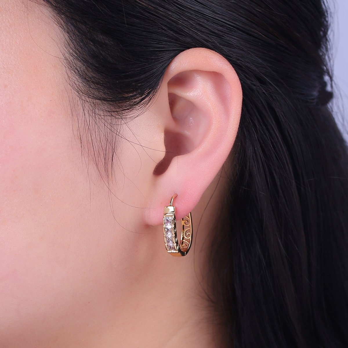 Vintage Medium 24K Gold Filled hoop earrings cubic zirconia cz dainty minimalist V-140 - DLUXCA