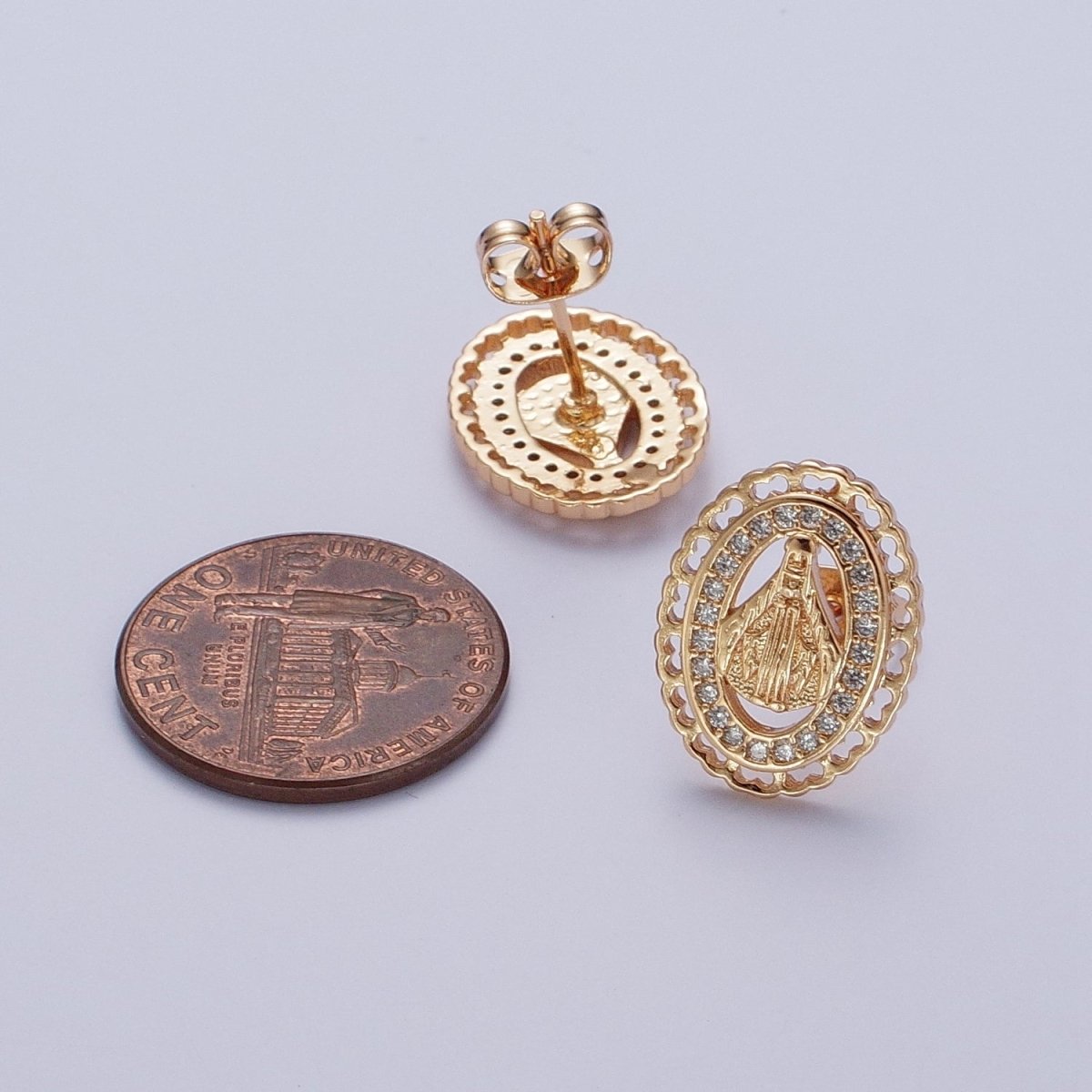 Vintage Miraculous Lady Earring Gold Lady Guadalupe Stud Earring Oval Medallion Virgin Mary Religious Jewelry Gift AE-1047 - DLUXCA