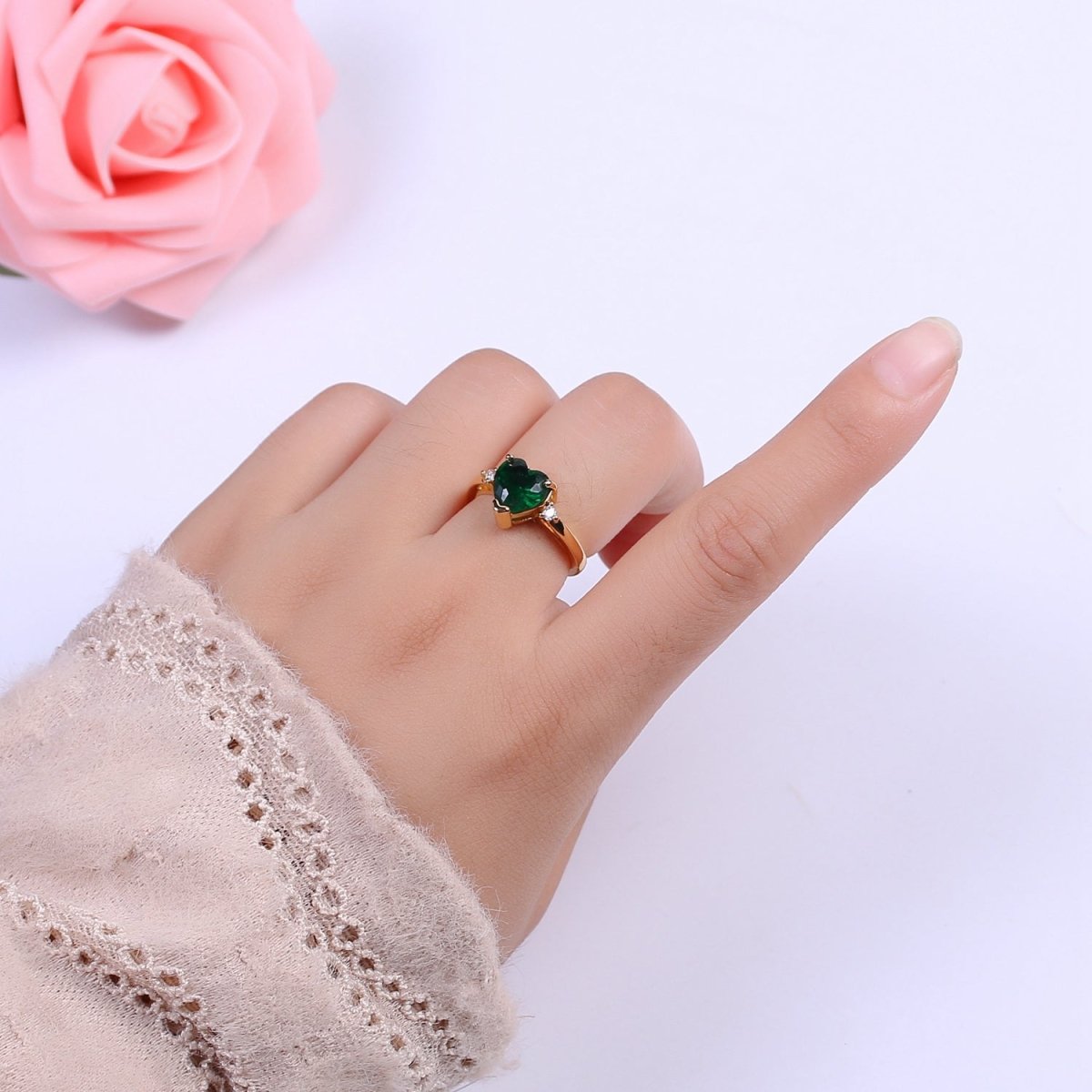 Vintage solitaire Green, Clear, Pink wedding ring heart cut Cubic Zirconia Yellow gold Open Adjustable Ring S-250 ~ S-252 - DLUXCA