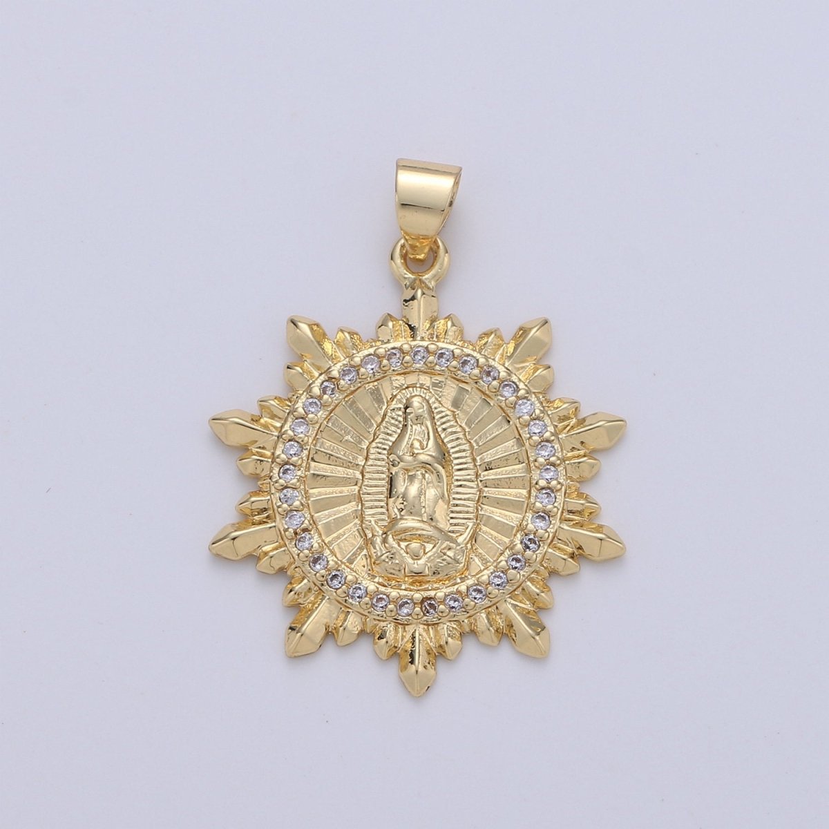 Virgin Mary Medallion Scalloped Edge, Decorative Edge,Round Coin Pendant in 24K Gold Filled Religious Jewelry Charm Pendant for Necklace - DLUXCA
