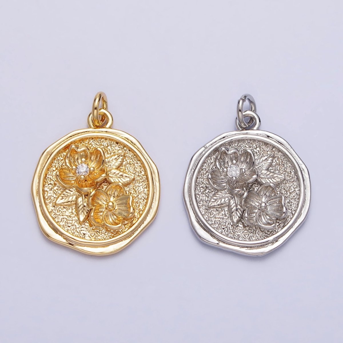 Water Lily Lotus July Birth Flower Textured Round Charm in Gold & Silver | AC282 AC283 - DLUXCA