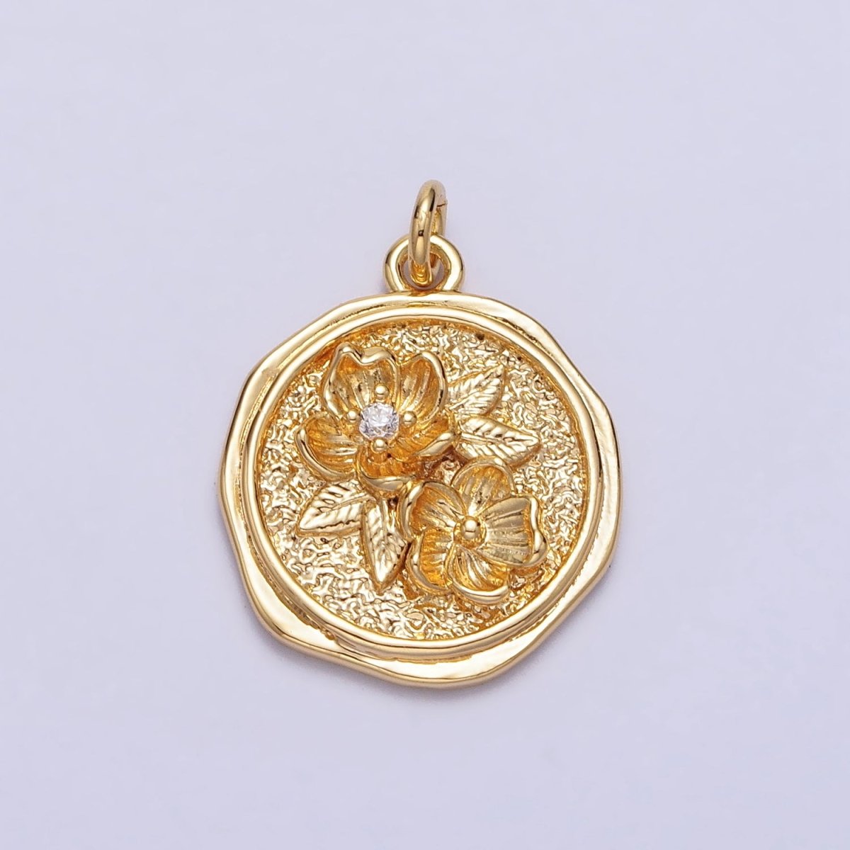 Water Lily Lotus July Birth Flower Textured Round Charm in Gold & Silver | AC282 AC283 - DLUXCA
