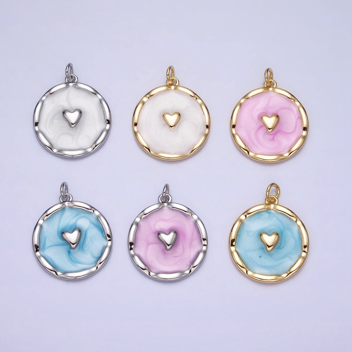 White, Blue, Pink Sparkly Enamel Heart Round Charm in Gold & Silver | AC633 - AC638 - DLUXCA