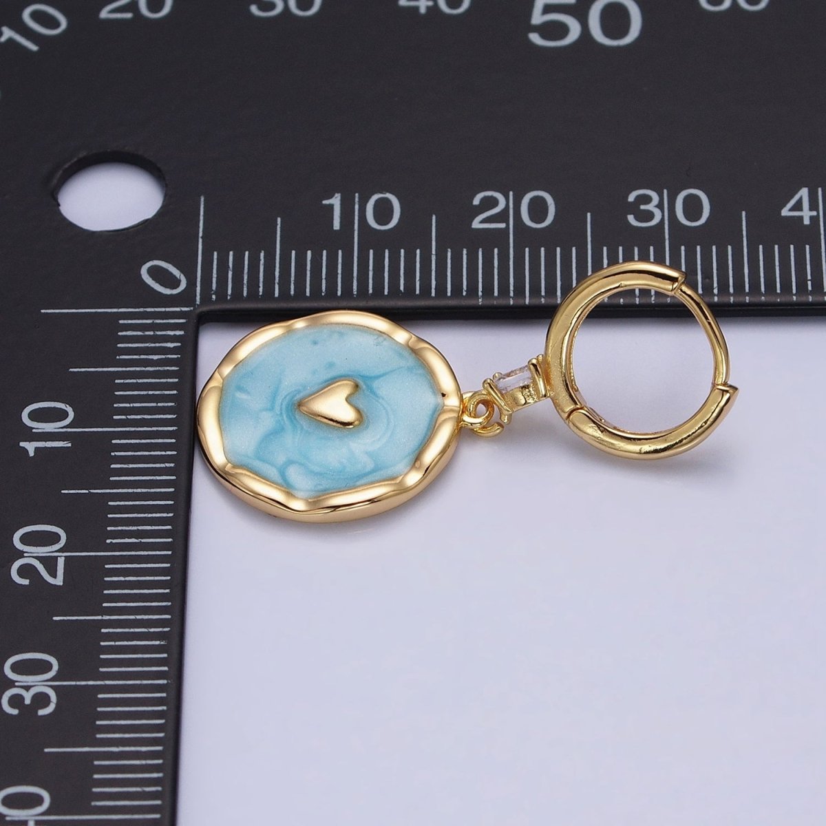 White, Blue, Pink Sparkly Enamel Heart Round CZ Drop Gold Huggie Earrings | AD794 - AD796 - DLUXCA
