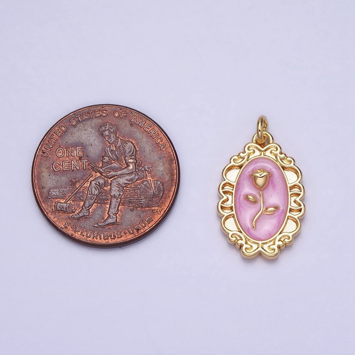 White, Blue, Pink Sparkly Enamel Rose Flower Oval Charm in Gold & Silver | AC649 - AC654 - DLUXCA