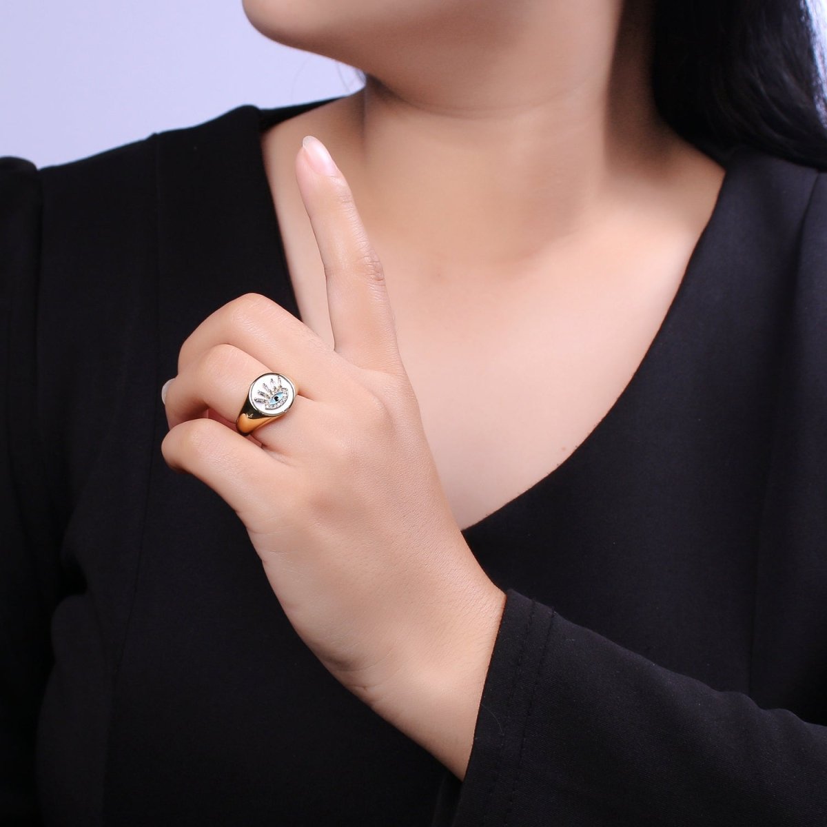 White Dome Evil Eye Ring, Protection Ring, Cubic Zirconia Eye Ring Amulet Boho Statement Jewelry U-201 ~ U-206 - DLUXCA