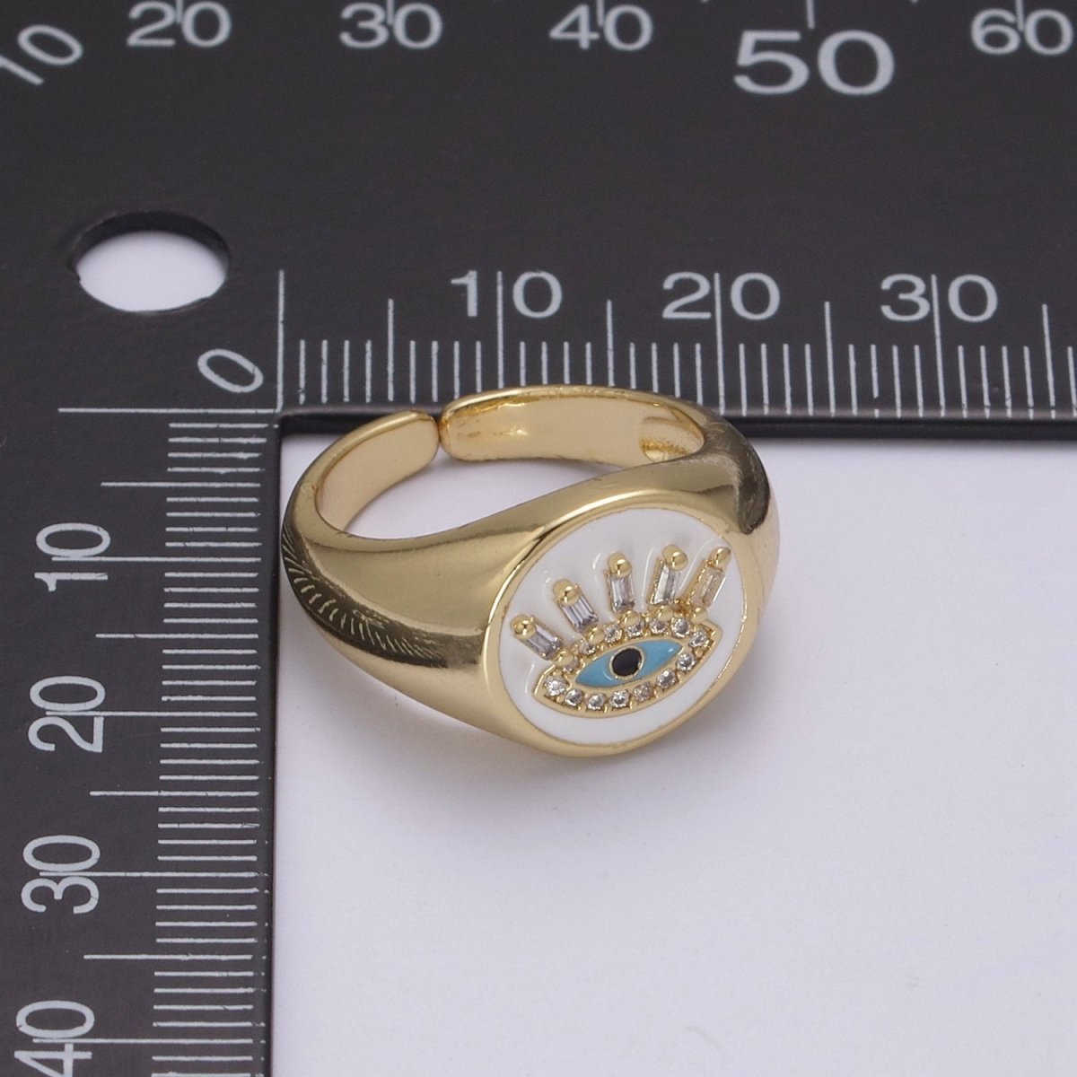 White Dome Evil Eye Ring, Protection Ring, Cubic Zirconia Eye Ring Amulet Boho Statement Jewelry U-201 ~ U-206 - DLUXCA