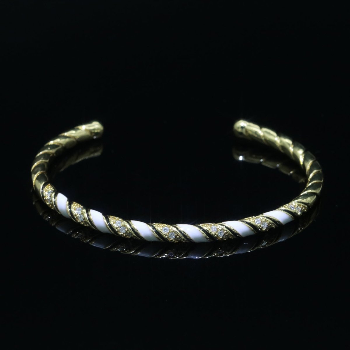 White Enamel Geometric Swirl Gold Filled Bangle Open Adjustable Bracelet Vintage Style Inspired | WA-123 Clearance Pricing - DLUXCA