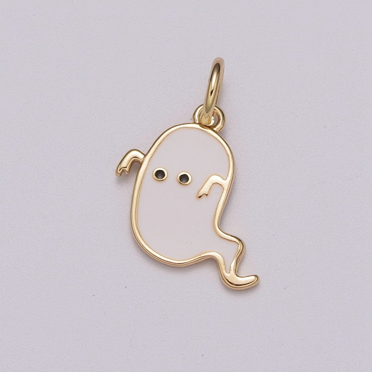 White Ghost Charm, Gold Enamel Cute Scary Haunted Halloween Pendant Jewelry Inspired M-857 - DLUXCA