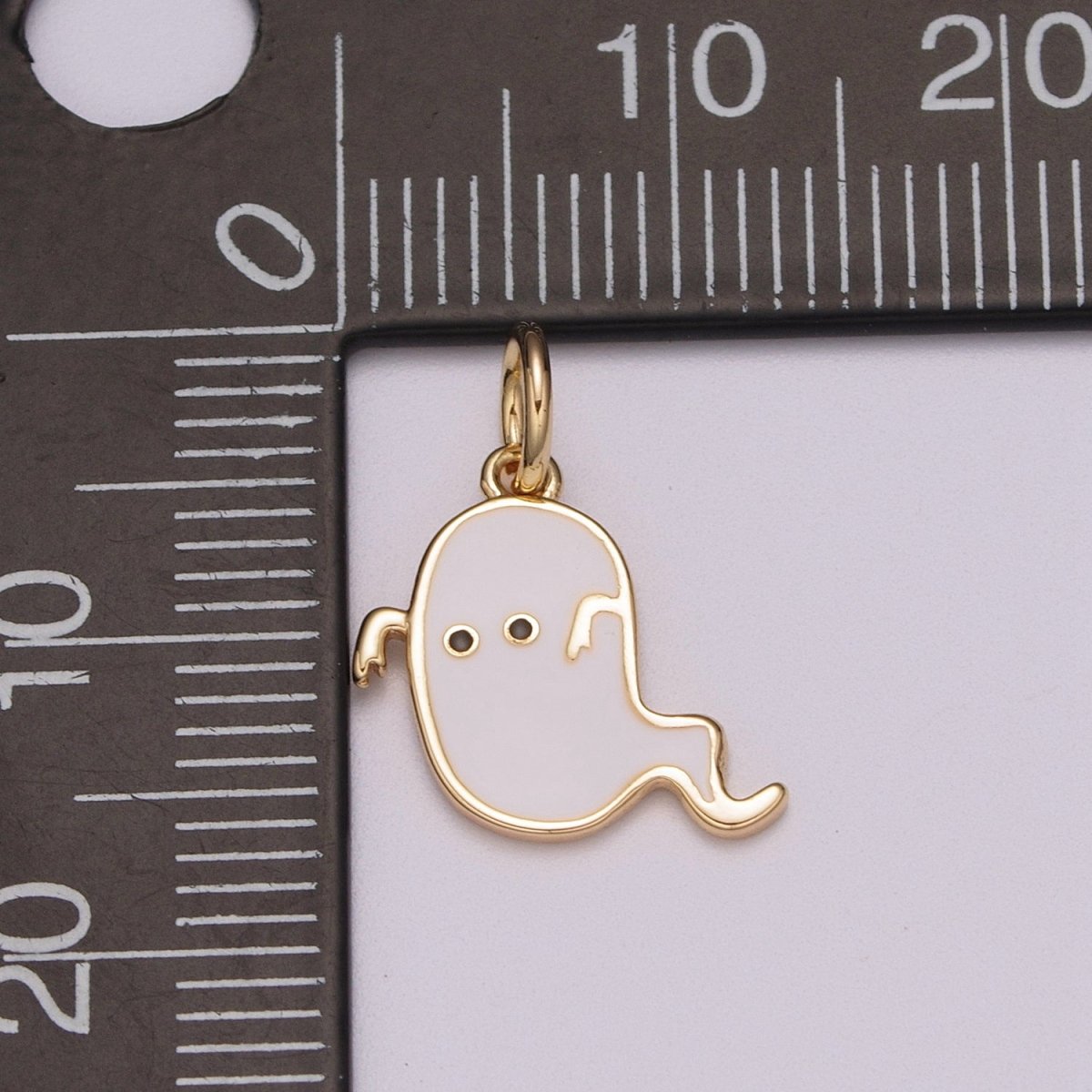 White Ghost Charm, Gold Enamel Cute Scary Haunted Halloween Pendant Jewelry Inspired M-857 - DLUXCA