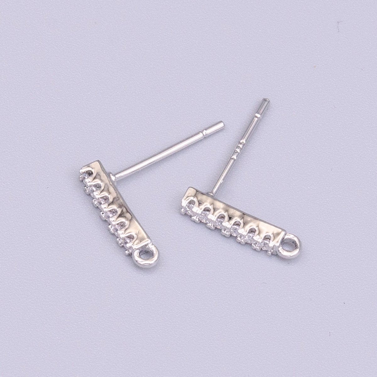 White Gold Filled 11.3mm Micro Paved CZ Bar Open Loop Stud Earrings | Z-405 - DLUXCA