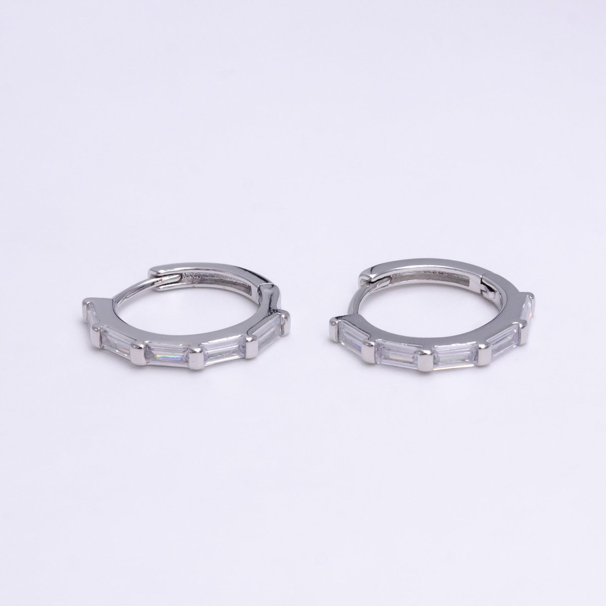 White Gold Filled 16mm Clear Baguette Lined Huggie Earrings | AE775 - DLUXCA