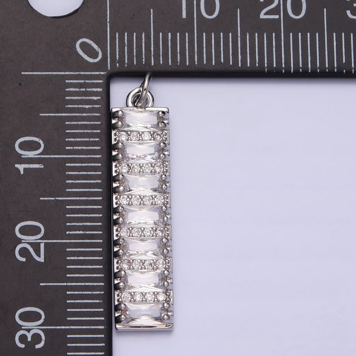 White Gold Filled 30mm Clear CZ Baguette Lined Micro Paved Band Tag Charm | AC1306 - DLUXCA