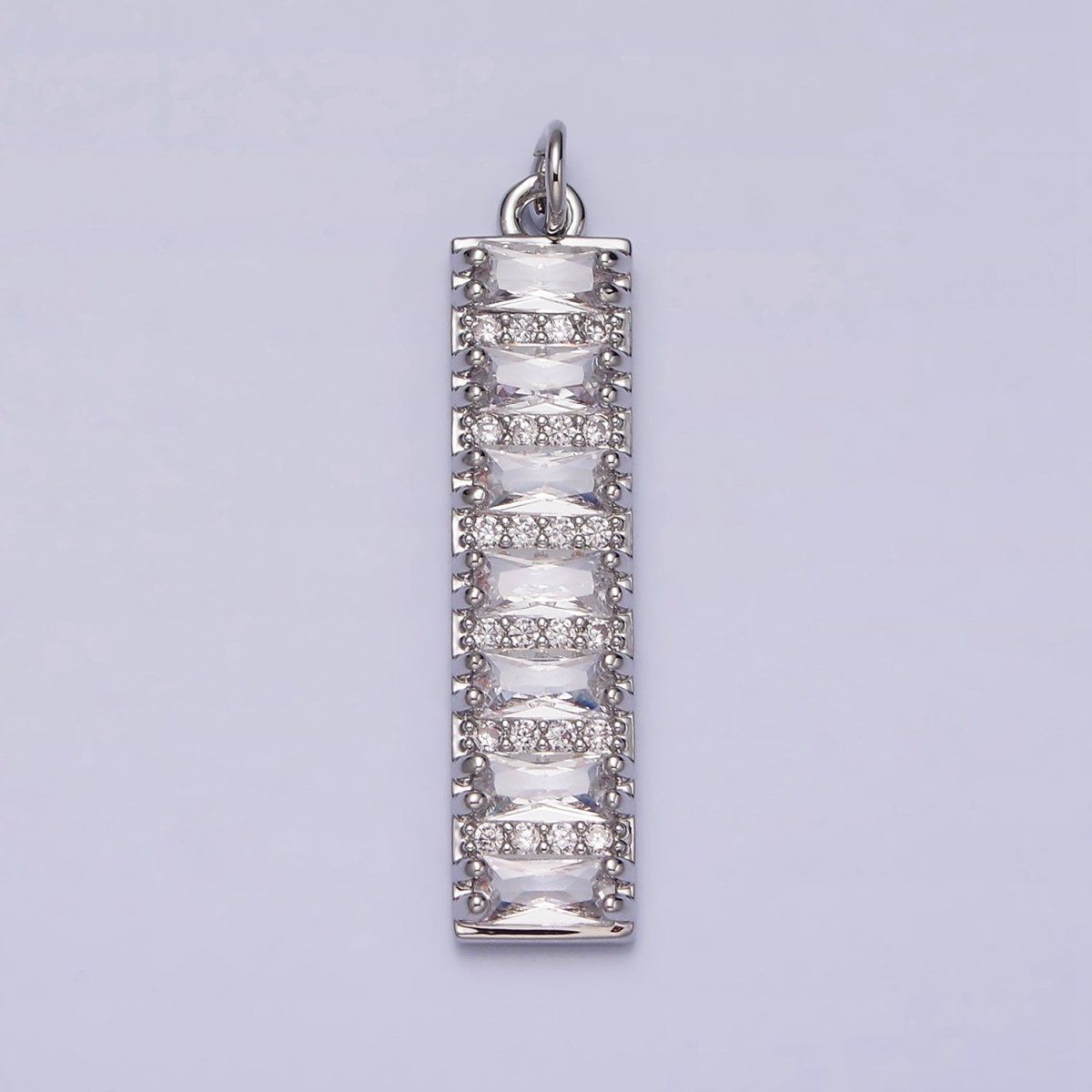 White Gold Filled 30mm Clear CZ Baguette Lined Micro Paved Band Tag Charm | AC1306 - DLUXCA