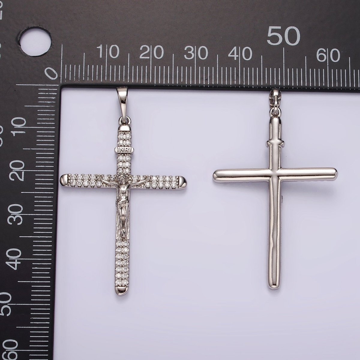 White Gold Filled 50mm Jesus Crucifix "INRI" Micro Paved CZ Cross Pendant | AA1123 - DLUXCA