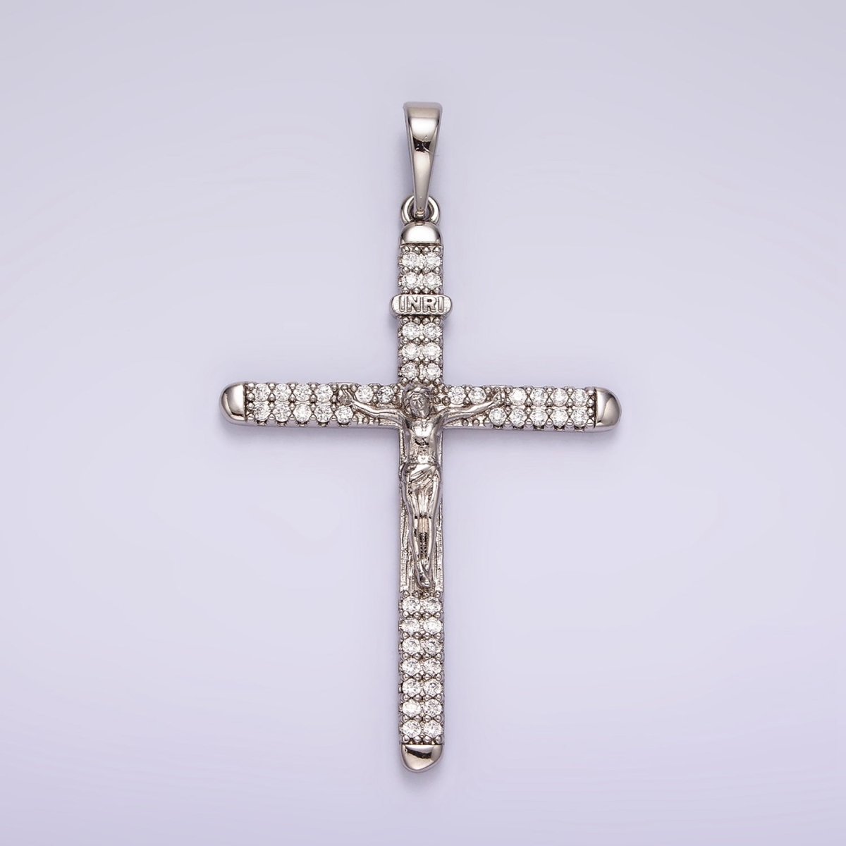 White Gold Filled 50mm Jesus Crucifix "INRI" Micro Paved CZ Cross Pendant | AA1123 - DLUXCA