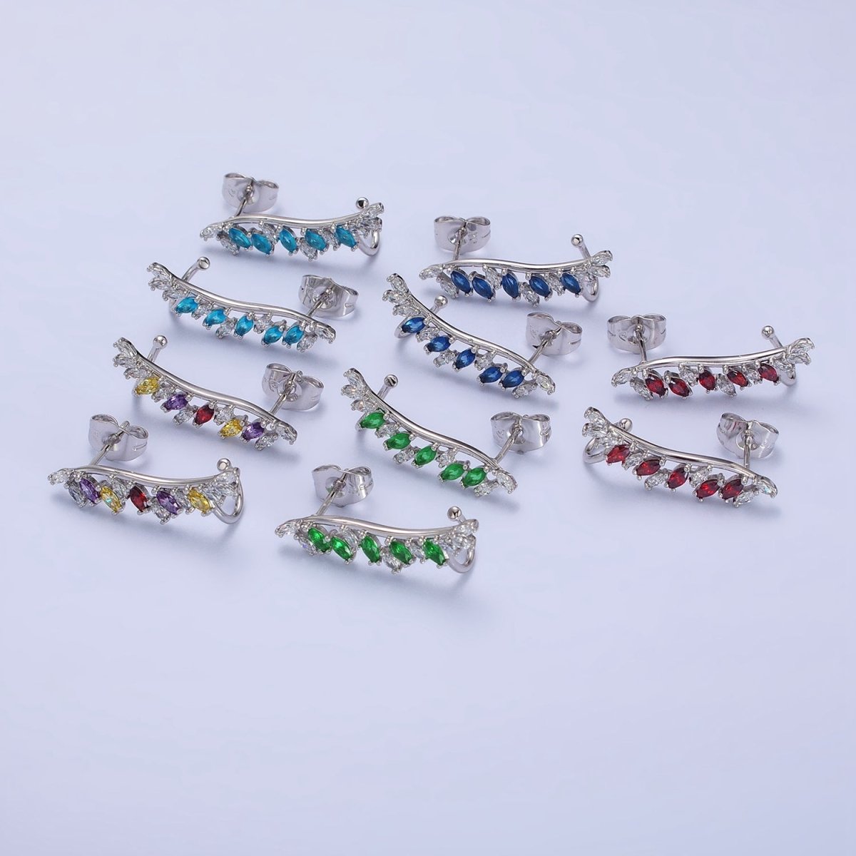 White Gold Filled Baby Blue, Multicolor, Red, Green, Blue Marquise Curved Lined Ear Climber Earrings | AB242 - AB246 - DLUXCA