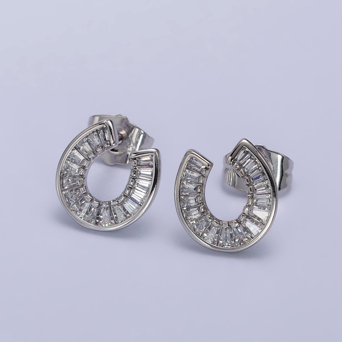 White Gold Filled Baguette Circular Lucky Horseshoe Stud Earrings | AB1041 - DLUXCA