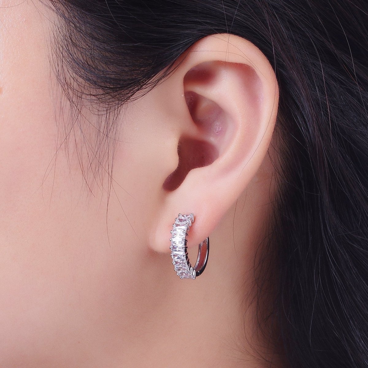 White Gold Filled Baguette Cubic Zirconia Huggie Silver Hoop Earrings | Y-035 - DLUXCA