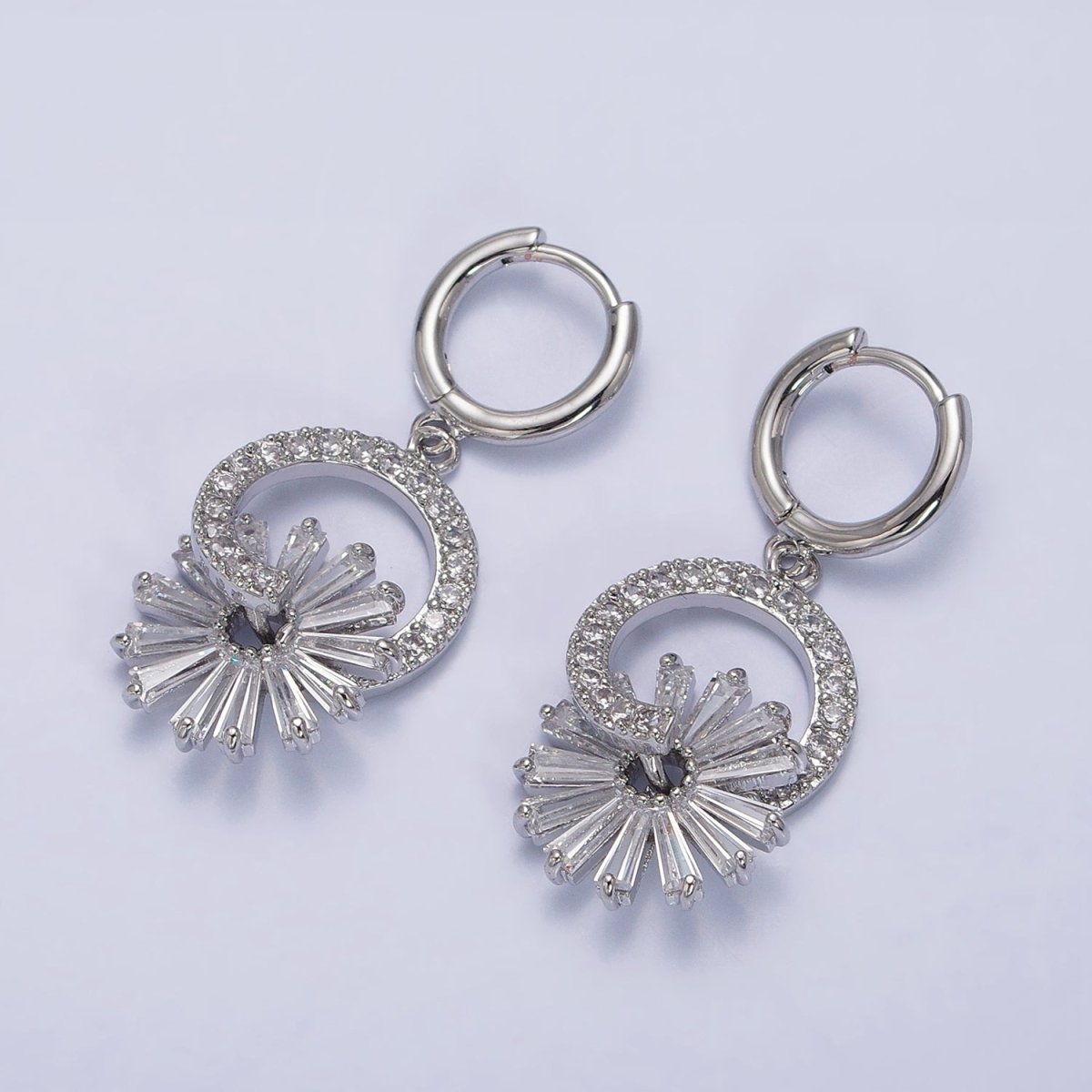 White Gold Filled Baguette Flower Open Micro Paved Round Drop Dangle Huggie Earrings | AB1496 - DLUXCA