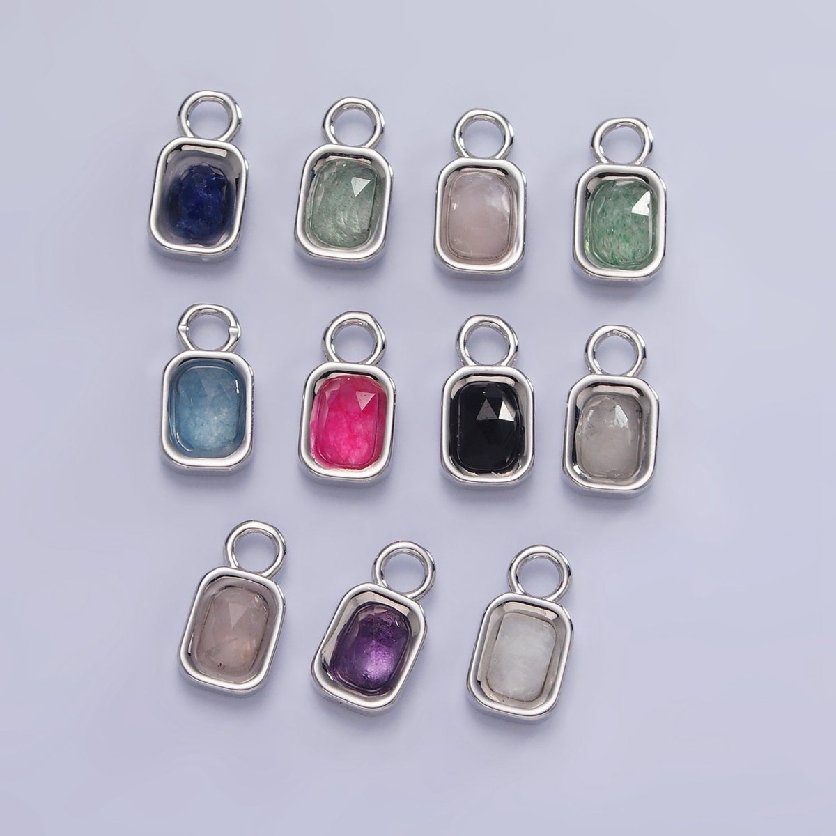 White Gold Filled Baguette Multifaceted Natural Gemstone Personalized Add-On Silver Charm | AC1400 - AC1410 - DLUXCA