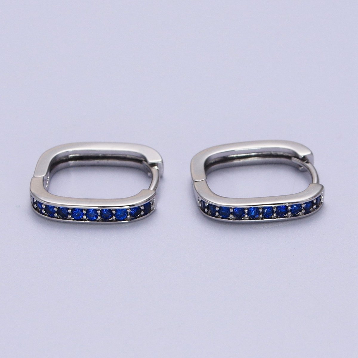 White Gold Filled Blue Micro Paved CZ Lined Silver Square Huggie Earrings P-499 - DLUXCA