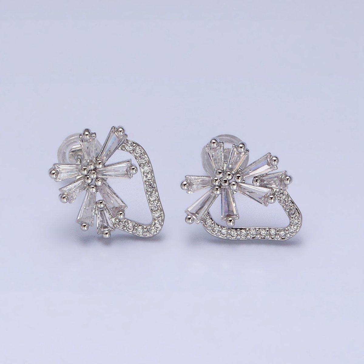 White Gold Filled Clear Baguette Flower Geometric Micro Paved CZ Stud Earrings | AD821 - DLUXCA