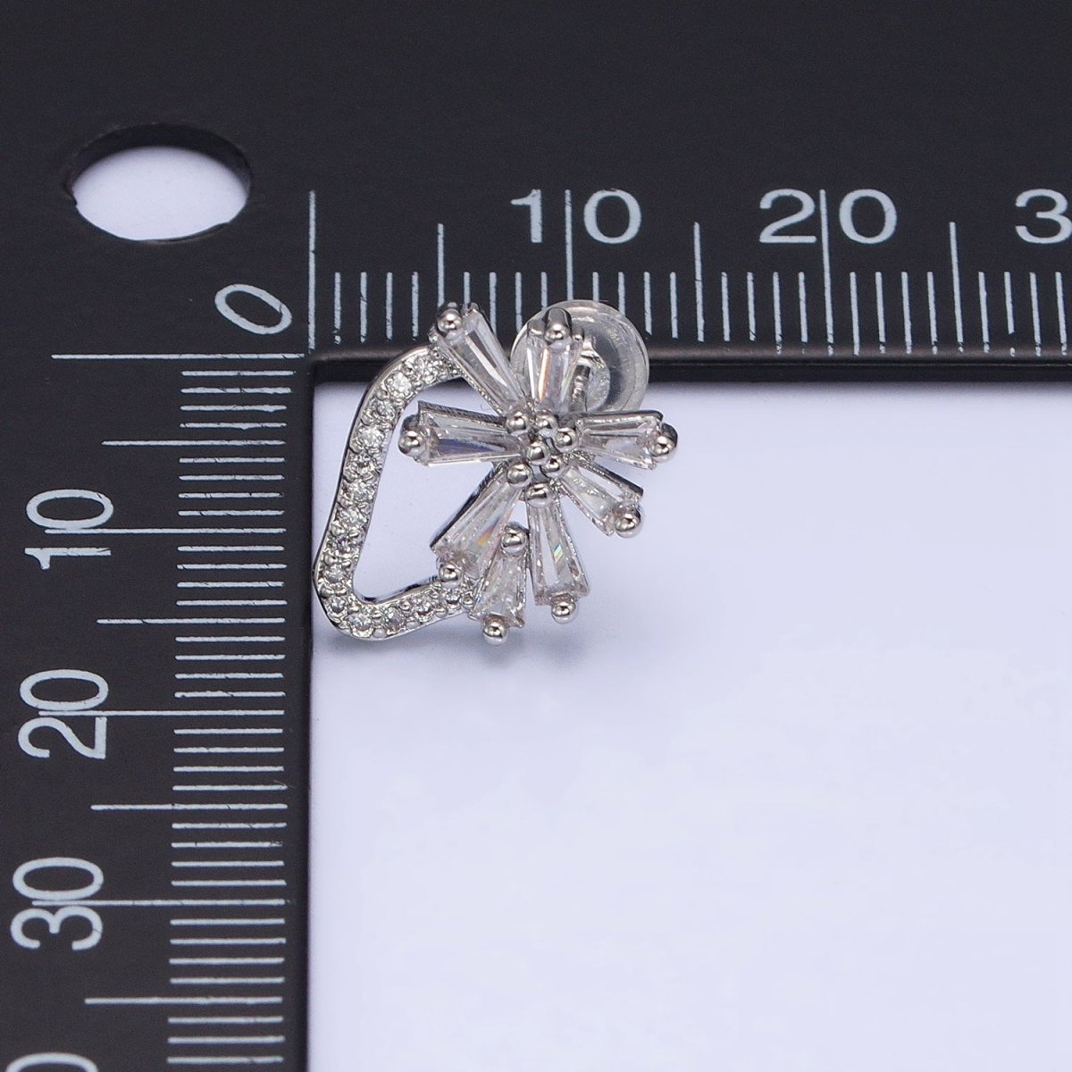 White Gold Filled Clear Baguette Flower Geometric Micro Paved CZ Stud Earrings | AD821 - DLUXCA