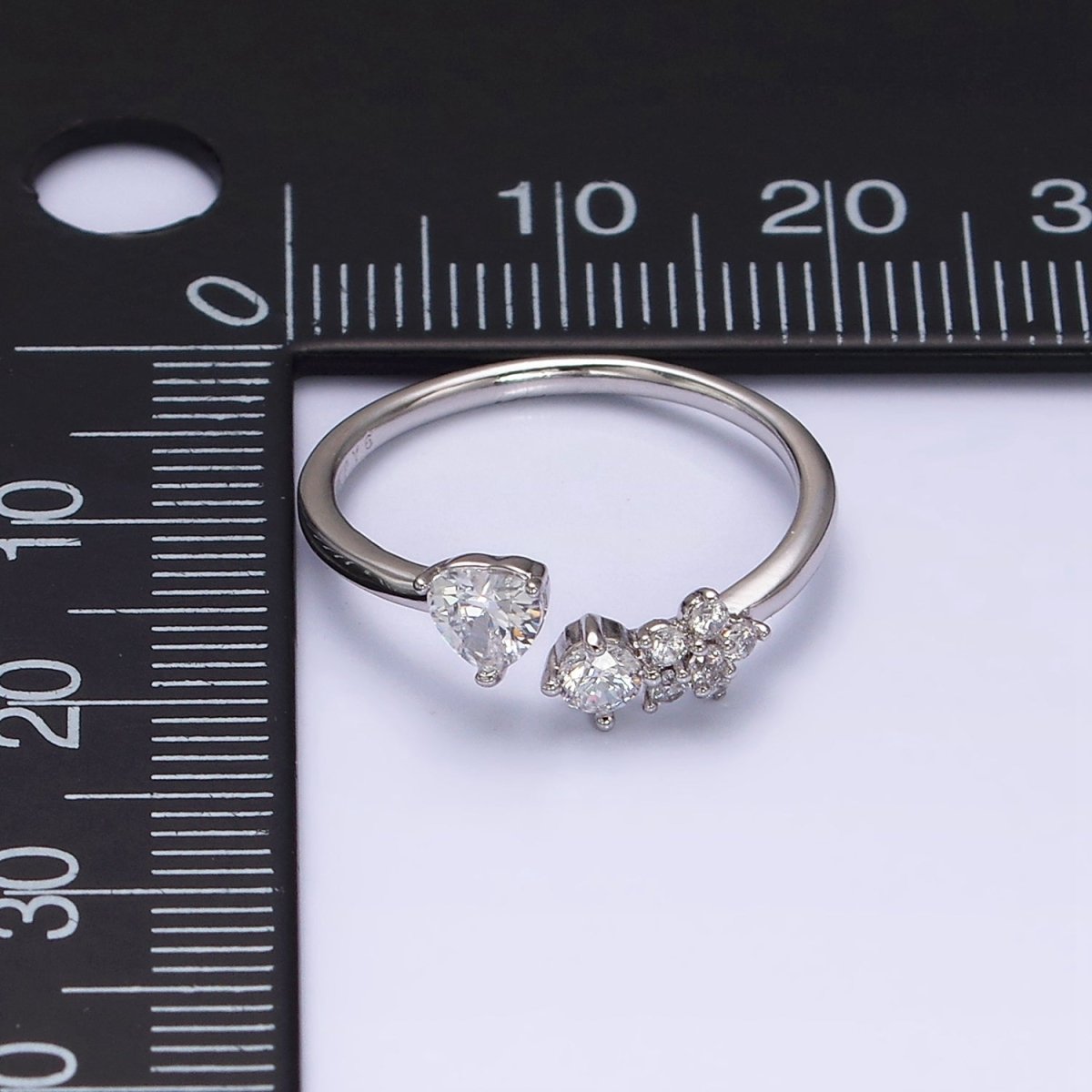 White Gold Filled Clear CZ Heart Flower Open Adjustable Ring | O-012 - DLUXCA