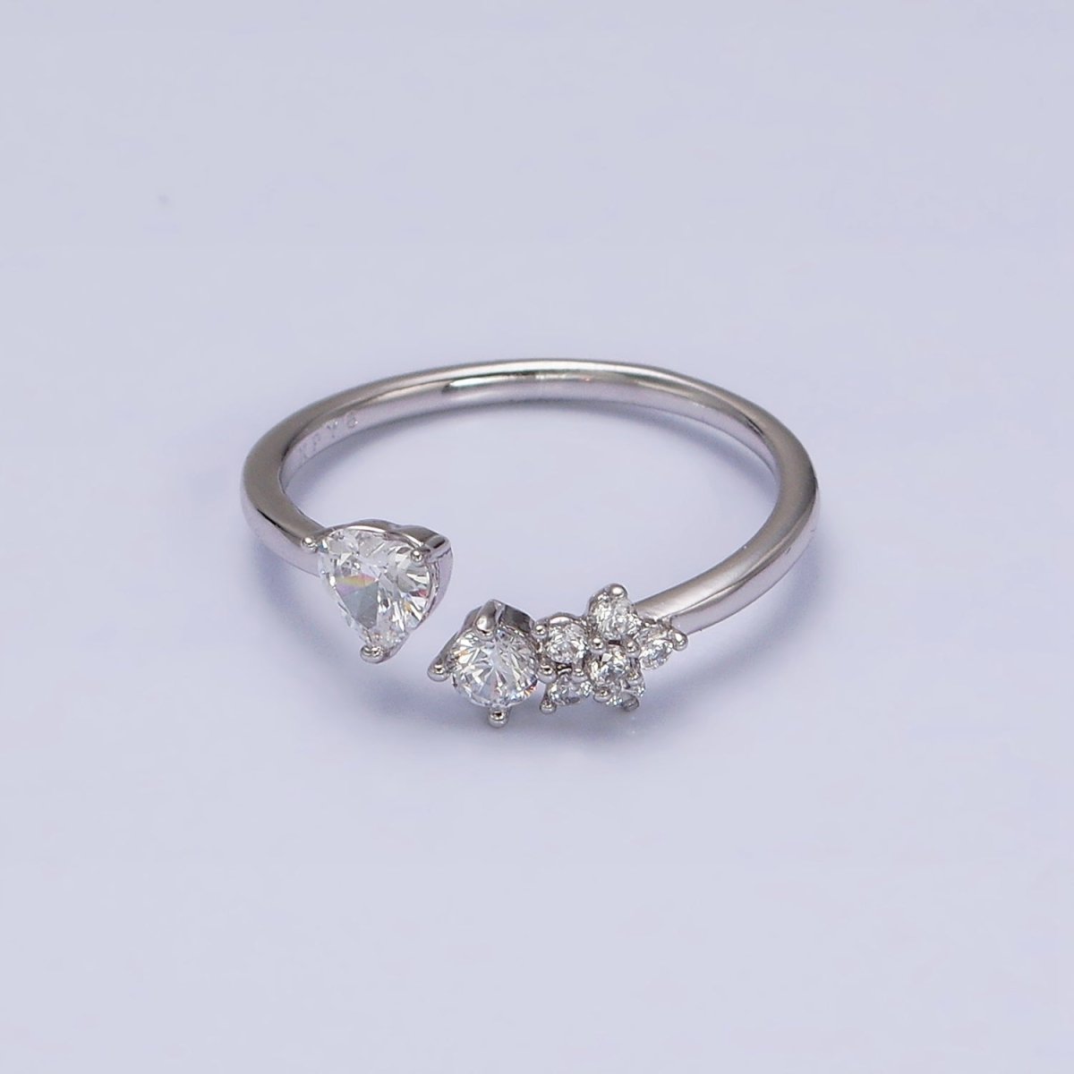 White Gold Filled Clear CZ Heart Flower Open Adjustable Ring | O-012 - DLUXCA