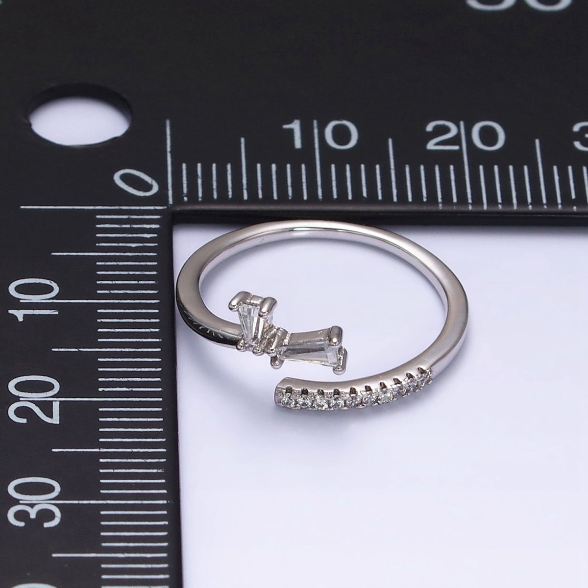 White Gold Filled Clear Double Baguette Micro Paved Lined Open Adjustable Ring | O-010 - DLUXCA