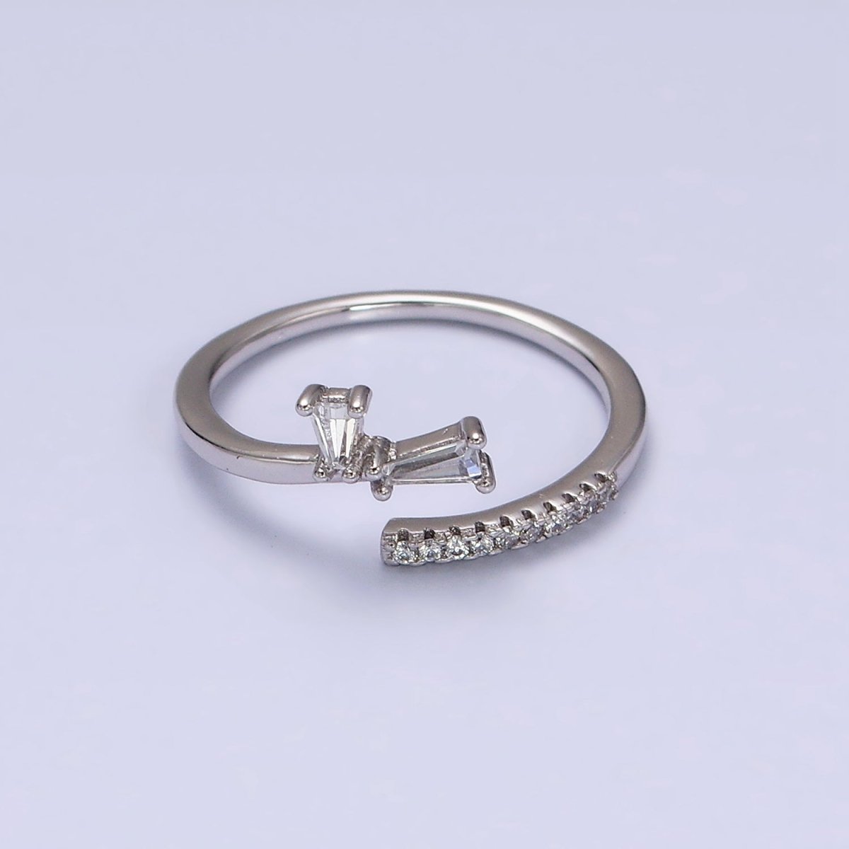 White Gold Filled Clear Double Baguette Micro Paved Lined Open Adjustable Ring | O-010 - DLUXCA