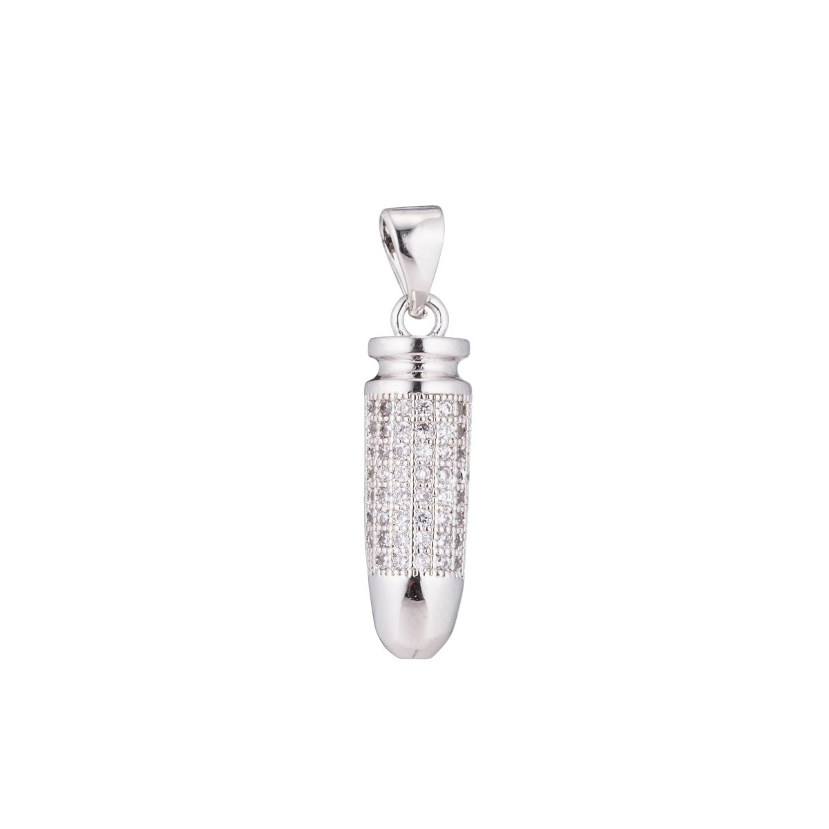 White Gold Filled Clear Micro Paved CZ Bullet Cylinder Drop Pendant | H344 - DLUXCA